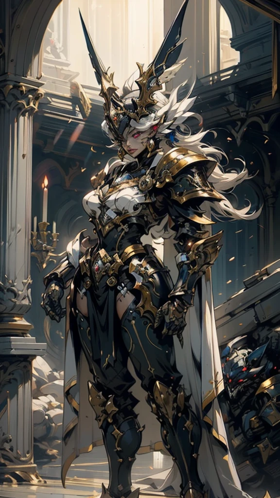 Woman wearing fantasy style full body armor, Crown concept fully enclosed helmet，Only her eyes are exposed, Layered chest plate, Fully enclosed shoulder and hand guards, Lightweight waist armor, Fitted shin pads, Overall design heavy-duty and flexible, (The armor shimmered with golden light, With red and blue accents), Show a noble aura, She floats above a fantasy and surreal high-tech city, This character embodies an elaborate anime style armored hero in a fantasy surreal style, Exquisite and mature comic art style, (A hybrid of Queen Bee and concept armor, plasma), ((element, elegant, goddess, woman:1.5)), metallic color, HD, best quality, high resolution, Super detailed, Ultra-fine coating, extremely refined, professional, anatomically correct, symmetrical face, Extremely detailed eyes and face, High quality eyes, creativity, original photo, 超HD, 32k, Natural light, movie lighting, masterpiece-anatomy-perfect, masterpiece:1.5