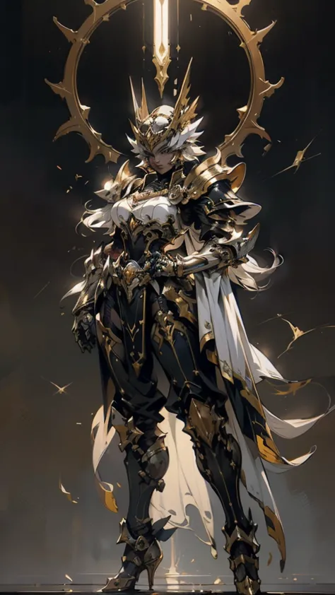 Woman wearing fantasy style full body armor, Crown concept fully enclosed helmet，Only her eyes are exposed, Layered chest plate,...
