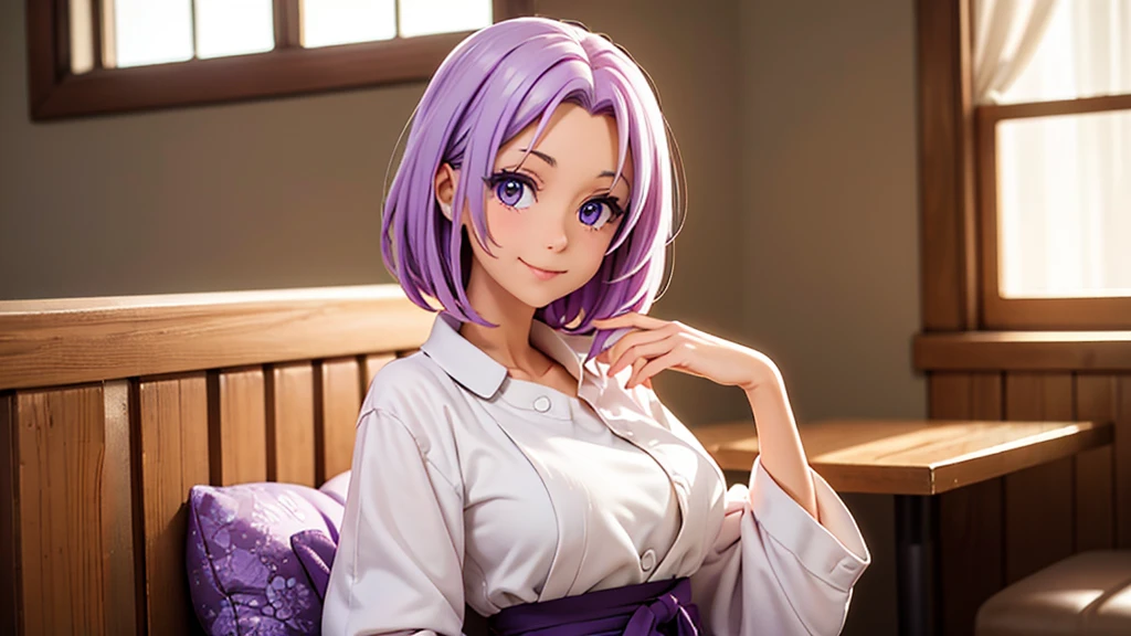 (original photo, best quality), 1 purple haired girl, Aster, natural lighting, Upper body, cafes, Smile, Satosh Khan Art Style