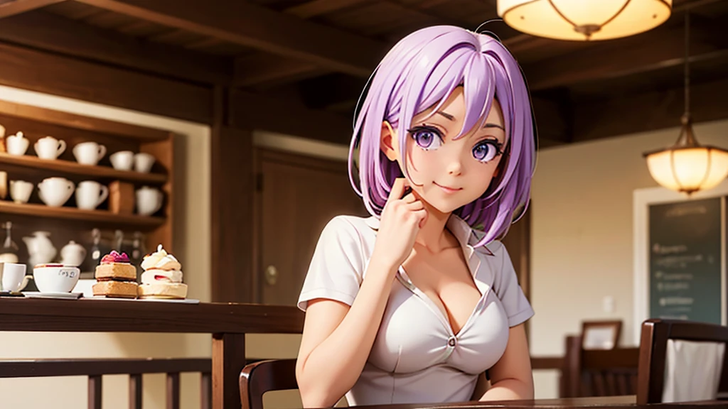 (original photo, best quality), 1 purple haired girl, Aster, natural lighting, Upper body, cafes, Smile, Satosh Khan Art Style