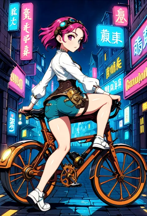 a girl rides a bicycle, in running shorts, short shorts, neon light city, medieval otherworldly style steampunk, masterpiece, be...