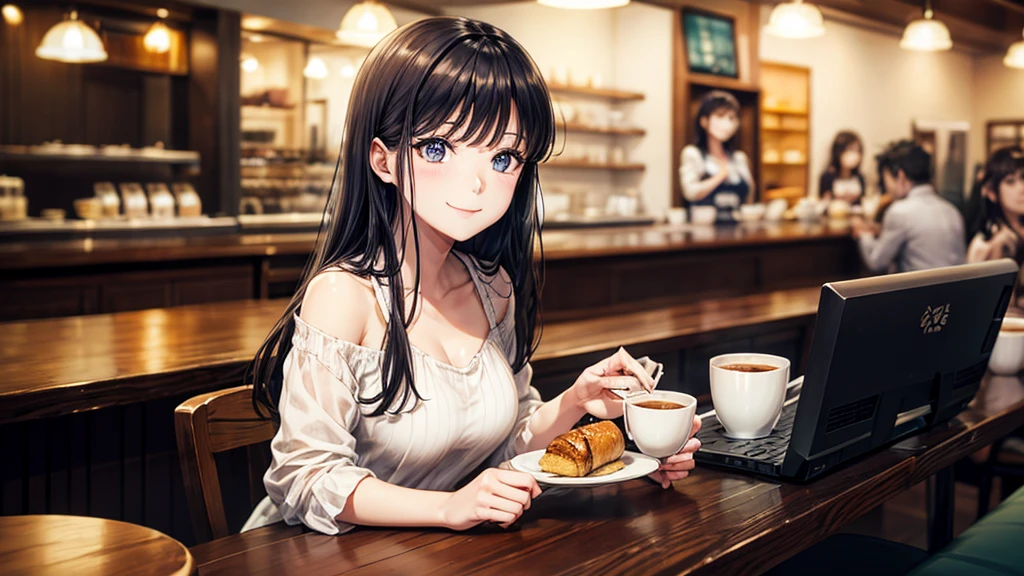 original photo, best quality), 1 girl, Shiba Miyuki, natural lighting, Upper body, cafes, Smile, Satosh Khan Art Style