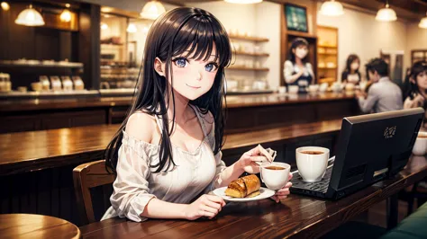 original photo, best quality), 1 girl, shiba miyuki, natural lighting, upper body, cafes, smile, satosh khan art style