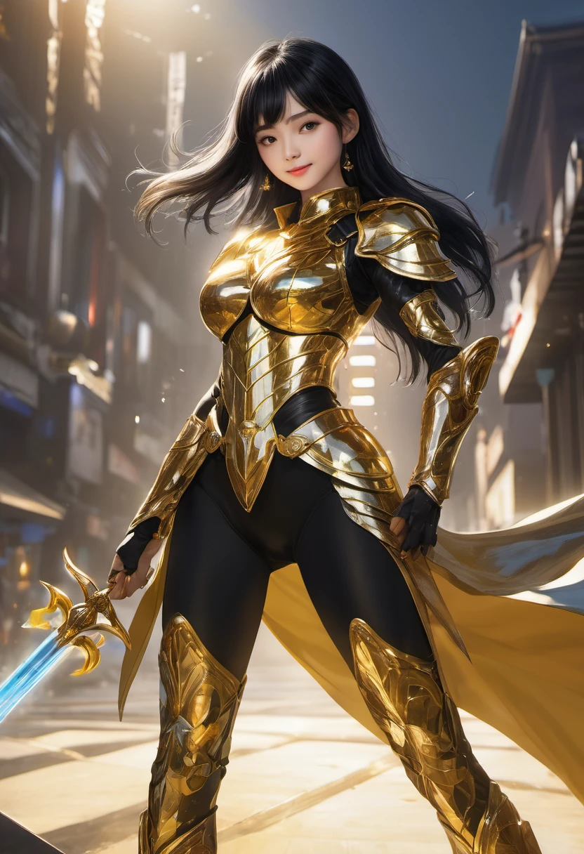 ((highest quality)), ((masterpiece)), (get used to it), perfect face, shoulder length black hair、28 year old female。Clad in dazzling golden armor、smile gently。She is doing an I-balance pose、Getting ready for battle.、A bright light shines from behind, wrap the entire body.