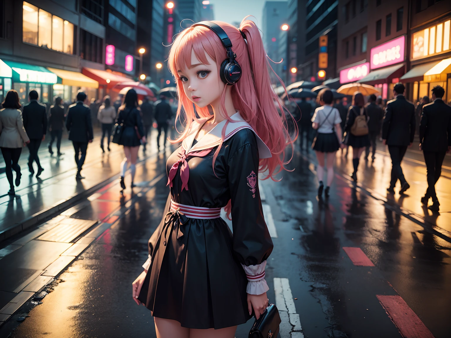(masterpiece), (highest quality:1.4), (ultra high resolution:1.2),  super detailed background, (unity 8k wallpaper),Shibuya Ward、city pop、(headphones:1.2)、masterpiece, (anime girl alone:1.3), incredibly absurd, sailor suit,pedestrian crossing, outdoor, rain, Tokyo, neon light.high school girl、profile、full body shot、slender、tall、7 head and body、small face、