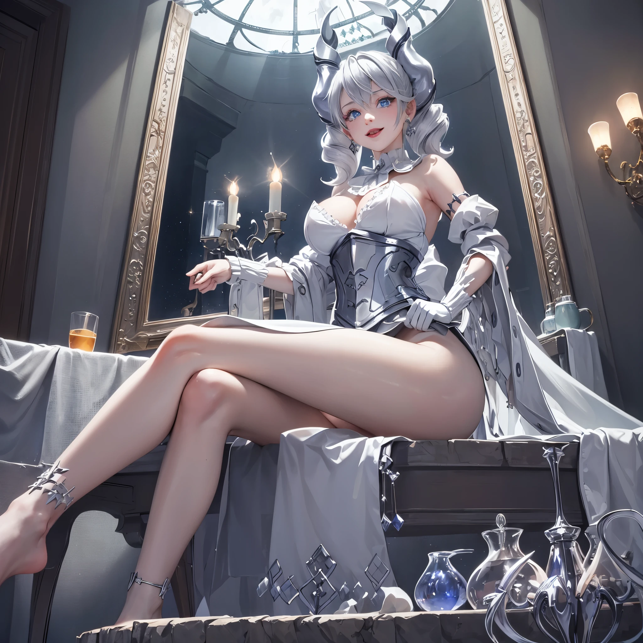 ((masterpiece)),(best quality), ((extremely detailed CG unity 4k wallpaper)),(cinematic lighting), (an extremely delicate and beautiful evil girl:1.3),moon light ,face, fixed eye, hand fixed (++silver hair++), blue eyes, long hair, jewelry,earrings, :d, maid, labrynth,mouth closed, pink lips, 
Large breast ,(Crystal chandelier), horn ,evil face ,indoor ,hand over hip , sitting, beautiful crossed leg in detailed,  all body , leg fixed , view from below down , worship ,view from behind 