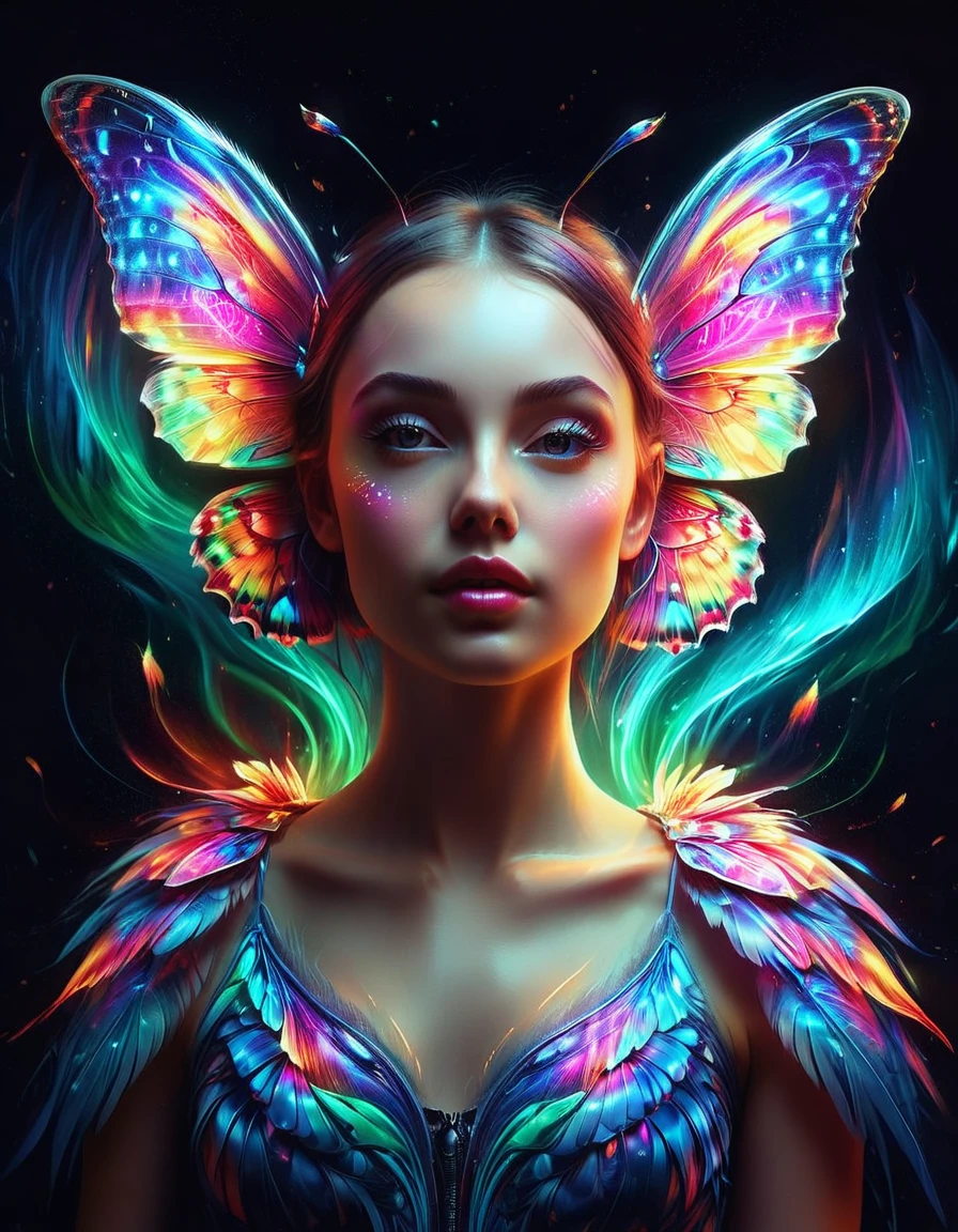 Un retrato digital surrealista de una niña europea.，Tiene alas de mariposa brillantes.，Sumérgete en un mundo de colores vibrantes y neón.，Con la luz de otro mundo，Estado de semi-vuelo，Elementos de fantasía y fantasía.，Evoca la extravagancia del arte surrealista con una perspectiva exagerada.，Utilice pinceladas suaves para agregar textura y profundidad a su imagen.，Destacando el intrincado patrón y el efecto brillante de sus alas.