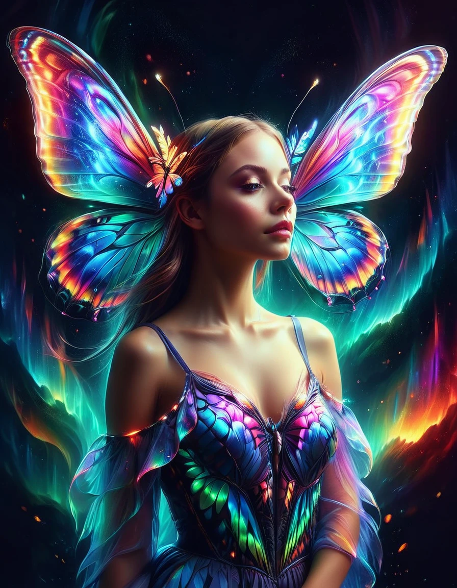 Un retrato digital surrealista de una niña europea.，Tiene alas de mariposa brillantes.，Sumérgete en un mundo de colores vibrantes y neón.，Con la luz de otro mundo，Estado de semi-vuelo，Elementos de fantasía y fantasía.，Evoca la extravagancia del arte surrealista con una perspectiva exagerada.，Utilice pinceladas suaves para agregar textura y profundidad a su imagen.，Destacando el intrincado patrón y el efecto brillante de sus alas.