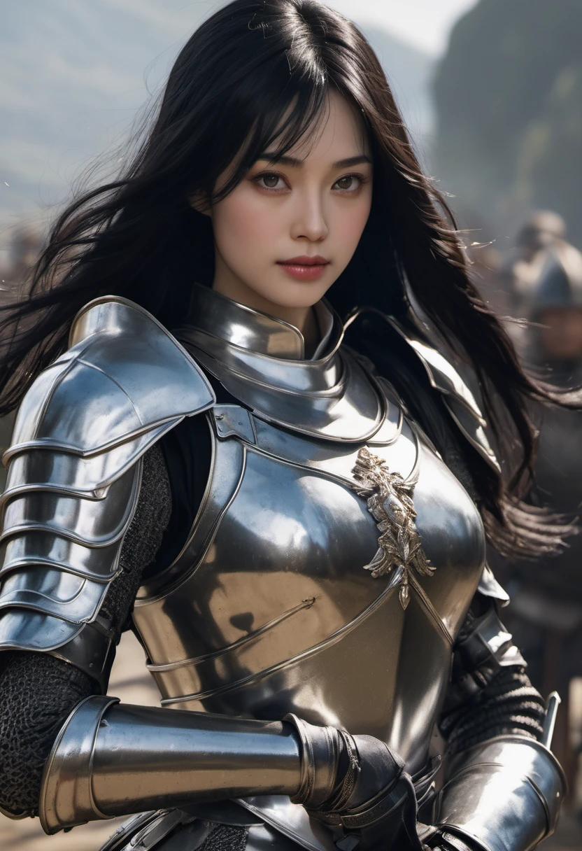 ((highest quality)), ((masterpiece)), (get used to it), perfect face, shoulder length black hair、2 female。Clad in dazzling silver armor、Like Joan of Arc、smile gently。The sword is pointed at me with the right hand.、Left hand vertical defense、Getting ready for battle.、A bright light shines from behind, wrap the entire body.