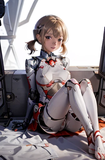 Ein weiblicher Roboter schläft im Schlafzimmer, Beine spreizen, nude, Banzai-Pose. sie trägt kein Kleid. Sie braune kurze Haare sind mit zwei großen roten Wäscheklammern zusammengebunden, Sie hebt den Saum ihres weißen, schlichten Kleides hoch, sich vorbeugen, Meisterwerk, sehr kurze Zöpfe,braune Haare, reifen, android, blaue Augen, Ganzkörperfigur, Höhe: 160 cm, gerötete Wangen, Anime-Bild der 2020er Jahre, A beautiful robot with short braune Haare in two short pigtails held up by two very large huge red clothespins, Erhebend, Kein NSFW, ganzer Körper, barfuß, archaisches Lächeln, Orgasmus bekommen, 2, Schweißeimer. 