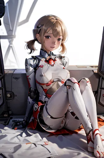A Female robot is sleeping in bedroom, spread legs, nude, banzai pose. she wears no dress. She Brown short hair is tied with two...