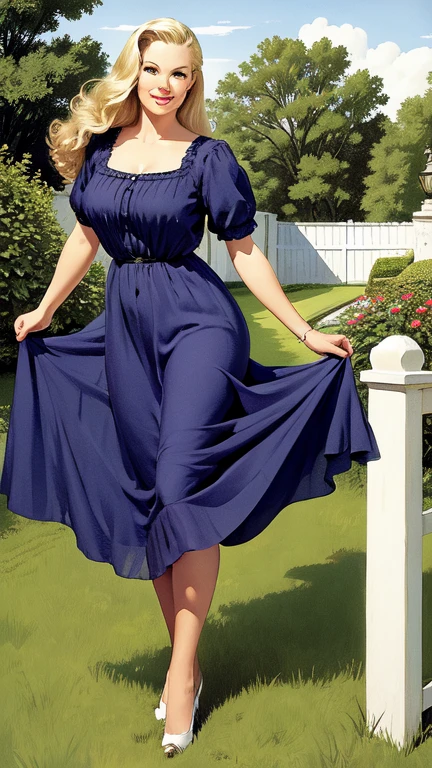 masterpiece,extremely beautiful woman,highly detailed beautiful face,big eyelahes,minimum waist,maxi fence dress, tights,straight blonde hair,excellent sense,American Comics,(((The Perfect One Woman))),(((one person))),colorful,highly detailed body,florish garden in the background 