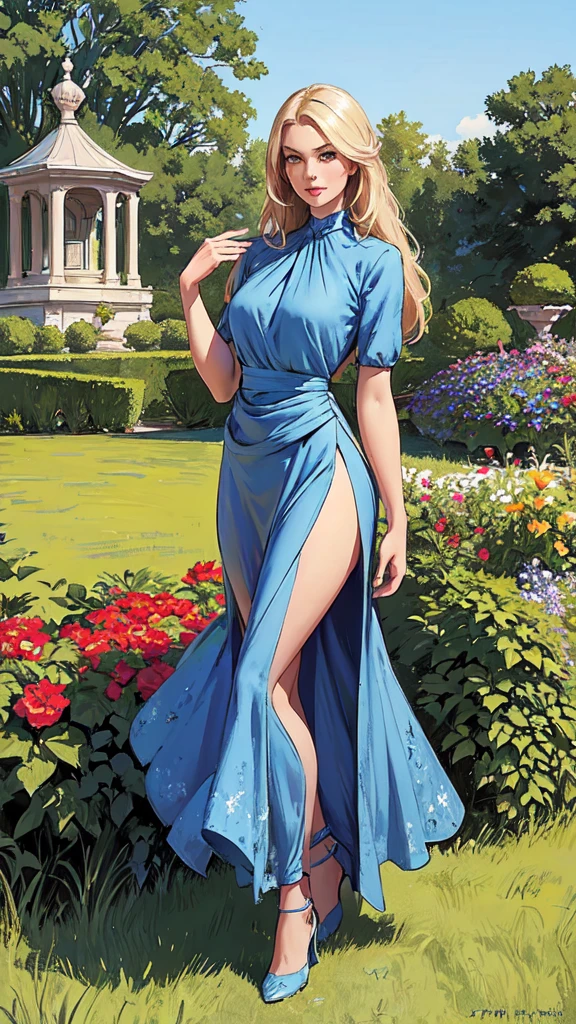 masterpiece,extremely beautiful woman,highly detailed beautiful face,big eyelahes,minimum waist,maxi slit dress, tights,straight blonde hair,excellent sense,American Comics,(((The Perfect One Woman))),(((one person))),colorful,highly detailed body,florish garden in the background 