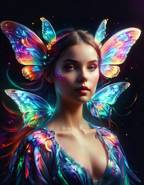 A surreal digital portrait of a European girl，She has glowing butterfly wings，Immerse yourself in a world of vibrant and neon co...