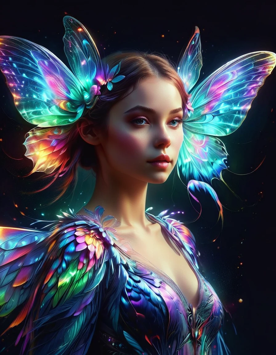 Un retrato digital surrealista de una niña europea.，Tiene alas de mariposa brillantes.，Sumérgete en un mundo de colores vibrantes y neón.，Con la luz de otro mundo，Estado de semi-vuelo，Elementos de fantasía y fantasía.，Evoca la extravagancia del arte surrealista con una perspectiva exagerada.，Utilice pinceladas suaves para agregar textura y profundidad a su imagen.，Destacando el intrincado patrón y el efecto brillante de sus alas.