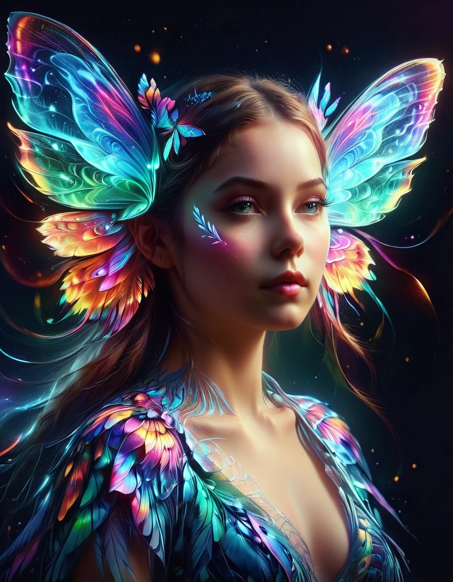 ヨーロッパの少女のシュールなデジタルポートレート，彼女は光る蝶の羽を持っている，鮮やかなネオンカラーの世界に浸りましょう，別世界の光とともに，半飛行状態，ファンタジーと幻想の要素，誇張された遠近法でシュルレアリスム芸術の贅沢さを思い起こさせる，柔らかいブラシストロークを使用して、画像に質感と深みを加えます，翼の複雑な模様と光の効果を強調