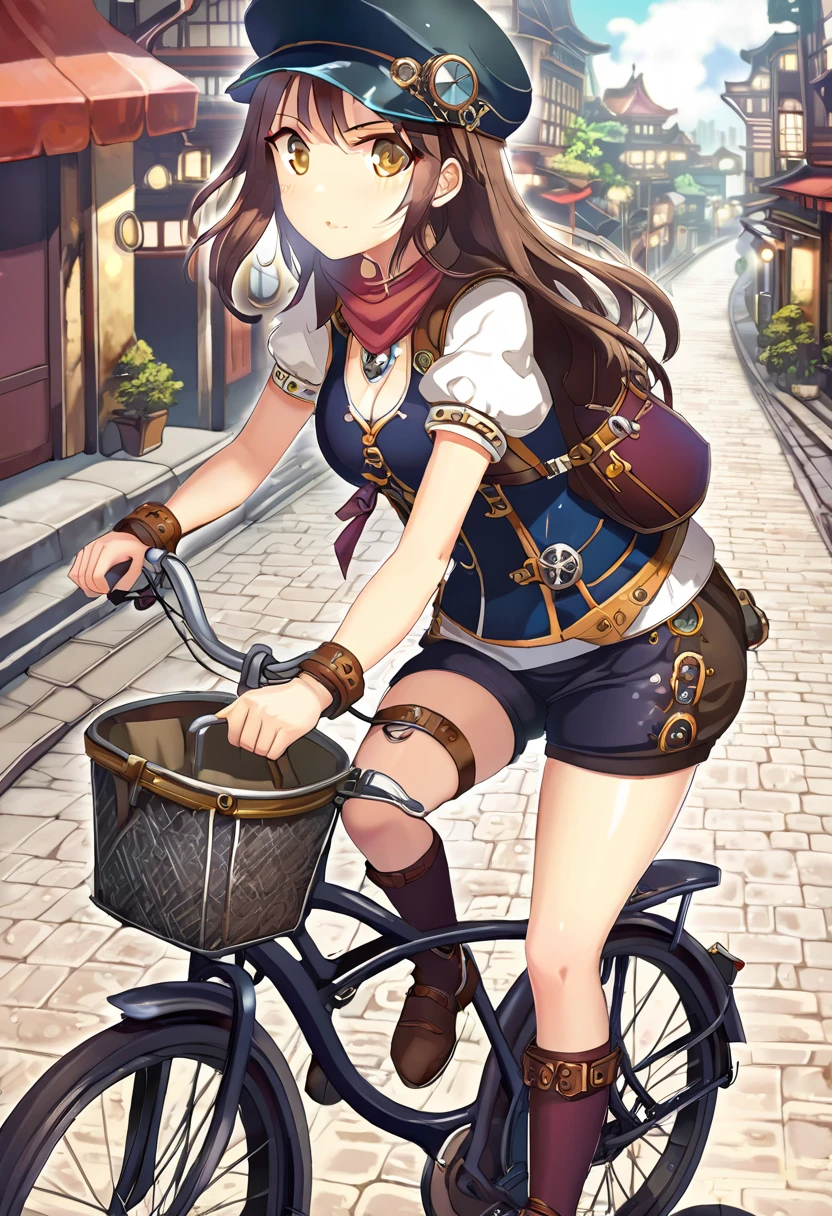 une fille fait du vélo, en short de course, short court, Ville de Tokyo, style steampunk médiéval d&#39;un autre monde, chef-d&#39;œuvre, Meilleure qualité, Incroyable, 8k
