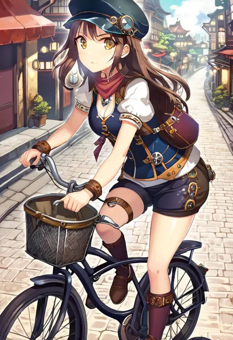 a girl rides a bicycle, in running shorts, short shorts, tokyo city, medieval otherworldly style steampunk, masterpiece, best qu...