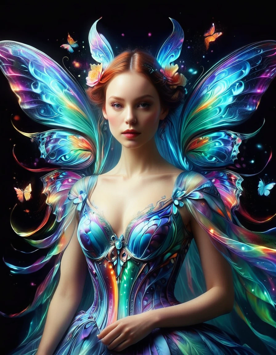 Create a surreal portrait of a woman with butterfly wings. Her presentation should be dreamlike and ethereal, with the vibrant, outlandish colors and improbable, distortion-filled artistry characteristic of Surrealism, a movement prevalent in the early 20th century. Think of the intricacy and strangeness often associated with visual illusions. Let her gown flow in an eerily graceful manner. This portrait should be captured as if viewed through a macro lens, accentuating each fine line and elaborate detail. Though it is a fantasy-inspired piece, the realism in the details should not be compromised.