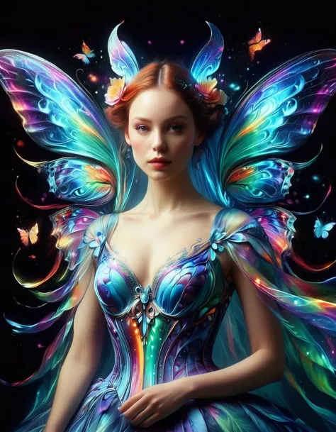 Create a surreal portrait of a woman with butterfly wings. Her presentation should be dreamlike and ethereal, with the vibrant, ...