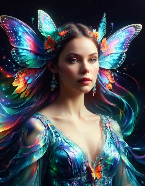 Create a surreal portrait of a woman with butterfly wings. Her presentation should be dreamlike and ethereal, with the vibrant, ...