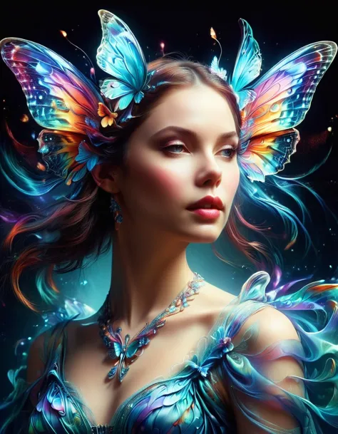 Create a surreal portrait of a woman with butterfly wings. Her presentation should be dreamlike and ethereal, with the vibrant, ...