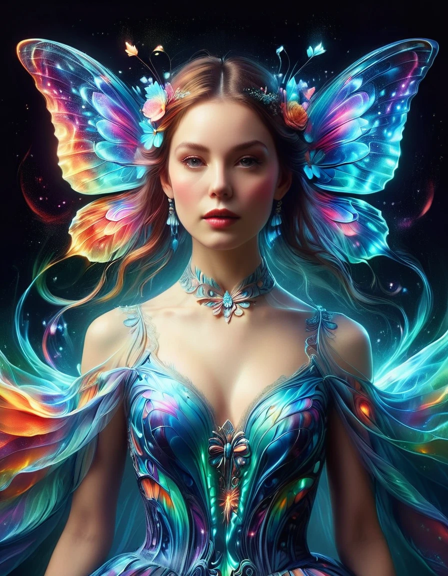 Crea un retrato surrealista de una mujer con alas de mariposa. Su presentación debe ser onírica y etérea., con lo vibrante, colores extravagantes e improbables, Arte lleno de distorsión característico del surrealismo., Un movimiento que prevaleció a principios del siglo XX.. Piense en la complejidad y extrañeza que a menudo se asocian con las ilusiones visuales.. Deja que su vestido fluya de una manera inquietantemente elegante.. Este retrato debe capturarse como si se viera a través de una lente macro., acentuando cada línea fina y detalle elaborado. Aunque es una pieza inspirada en la fantasía., el realismo en los detalles no debe verse comprometido.