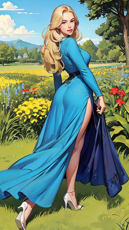 masterpiece,extremely beautiful woman,highly detailed beautiful face,big eyelahes,minimum waist,maxi slit dress, tights,straight blonde hair,excellent sense,American Comics,(((The Perfect One Woman))),(((one person))),colorful,highly detailed body,florish garden in the background 