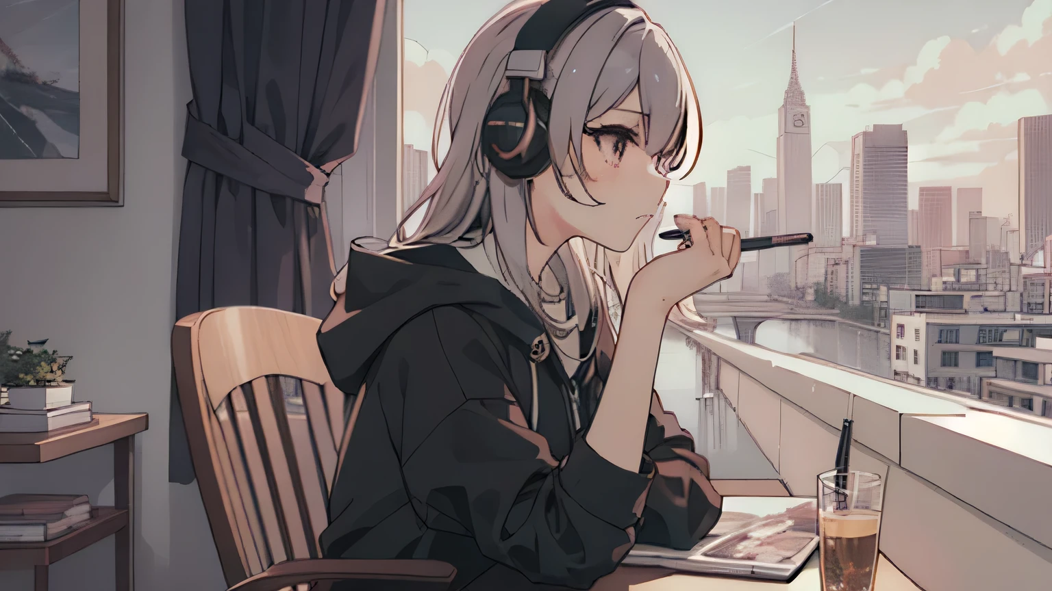 anime girl With headphones sitting at a table with a city view, anime atmosphere, Lofty Girl, anime style 4 k, portrait of lofi, Lofi Art Style, Nightcore, anime style. 8K, With headphones, anime aesthetics, anime moe art style, an anime girl, (anime girl), High quality anime art style, profile of anime girl