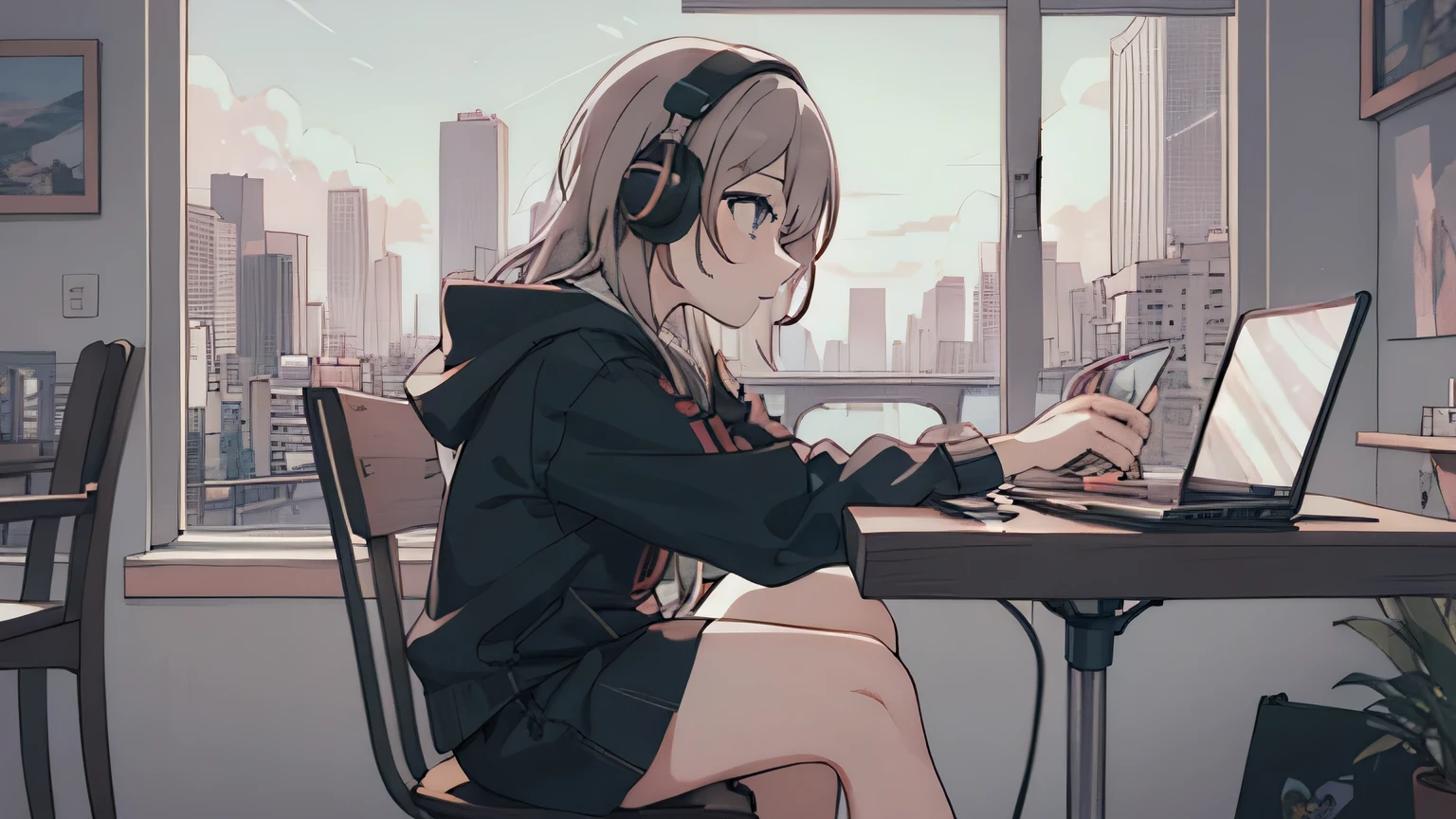 anime girl With headphones sitting at a table with a city view, anime atmosphere, Lofty Girl, anime style 4 k, portrait of lofi, Lofi Art Style, Nightcore, anime style. 8K, With headphones, anime aesthetics, anime moe art style, an anime girl, (anime girl), High quality anime art style, profile of anime girl