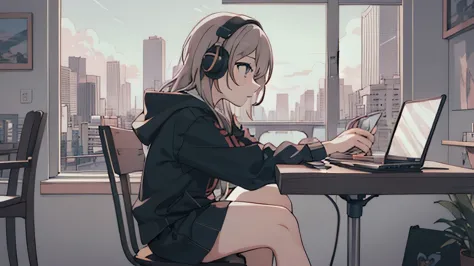 anime girl With headphones sitting at a table with a city view, anime atmosphere, Lofty Girl, anime style 4 k, portrait of lofi,...