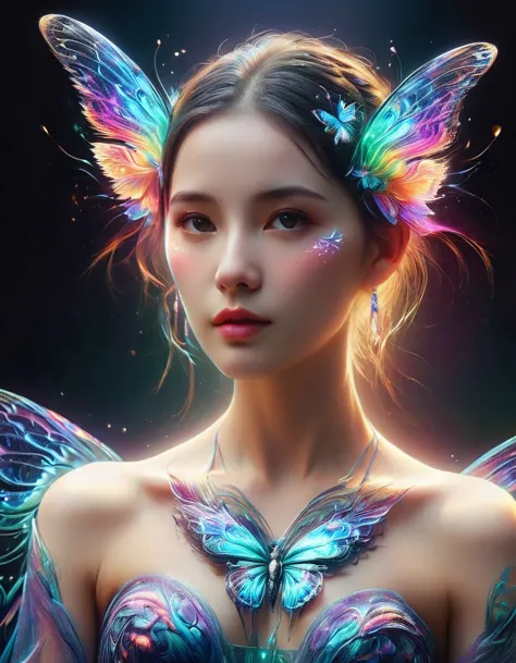 A surreal digital portrait of a European girl, She has glowing butterfly wings, Immerse yourself in a world of vibrant and neon ...