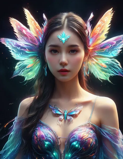 A surreal digital portrait of a European girl, She has glowing butterfly wings, Immerse yourself in a world of vibrant and neon ...