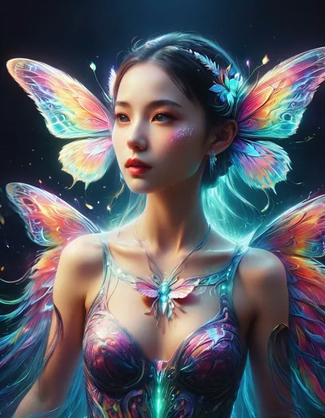 A surreal digital portrait of a European girl, She has glowing butterfly wings, Immerse yourself in a world of vibrant and neon ...