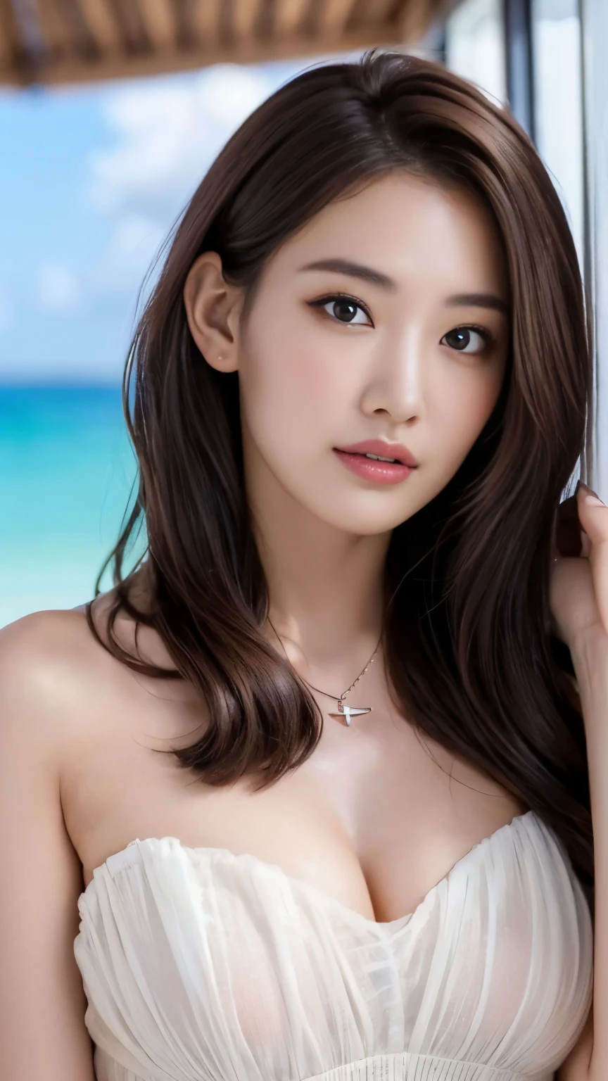 ((genuineライティング、highest quality、8K、masterpiece:1.3))、8K、clear focus:1.2、NSFW、（nude:1.5）、((genuine)) 、((genuine light、highest quality) )、model body shape:1.4、(dark brown hair、outside:1.8)、dark brown eyes、long hair、resort、At Nangoku Hotel、(24-years-old:1.3)、super detailed face、fine eyes、double eyelid、necklace、Put your hair over one eye、high heels、eyeliner、comb hair、Blue sea view、liberation、model pose、、(NSFW:1.3)
