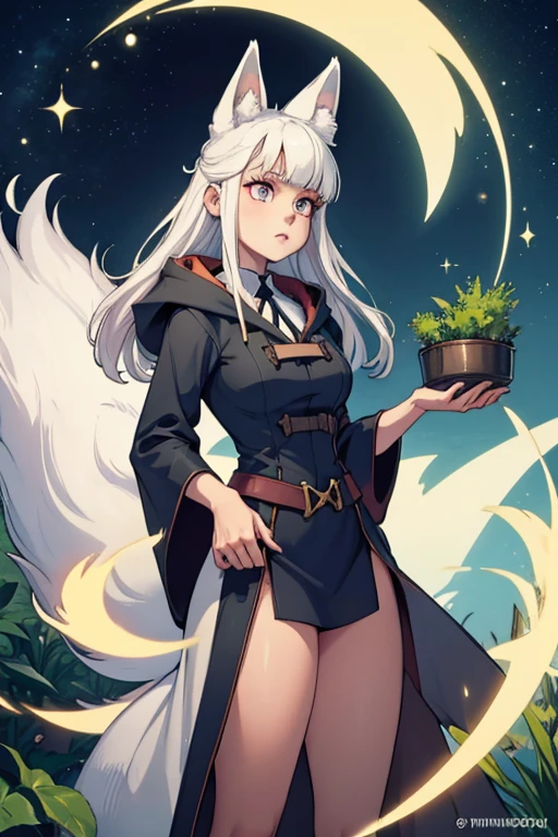 A white haired female witch with copper eyes and white fox ears and a white fox tail in a conservative witch's uniform is holding a magical plant