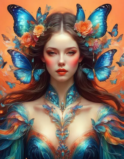 Create a surreal portrait of a woman with butterfly wings. Her presentation should be dreamlike and ethereal, with the vibrant, ...