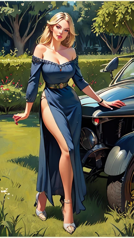 masterpiece,extremely beautiful woman,highly detailed beautiful face,big eyelahes,minimum waist,maxi slit dress, tights,straight blonde hair,excellent sense,American Comics,(((The Perfect One Woman))),(((one person))),colorful,highly detailed body,florish garden in the background 