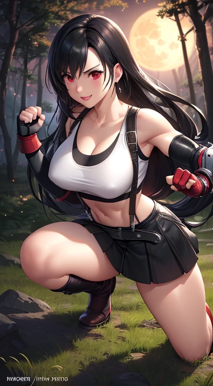 best quality, ultra-detailed, high resolution, anime style, cell shading, detailed, dynamic lighting, beautiful detailed eyes, Tifa Lockhart, final fantasy vii remake, white crop top, elbow pad, fingerless gloves, suspenders, very short pleated miniskirt, red boots, dynamic pose, red eyes, serious, smile, fighting stance, sparring, (Background: Outdoors, in the forest, night, moon light luminating on the forest floor)
