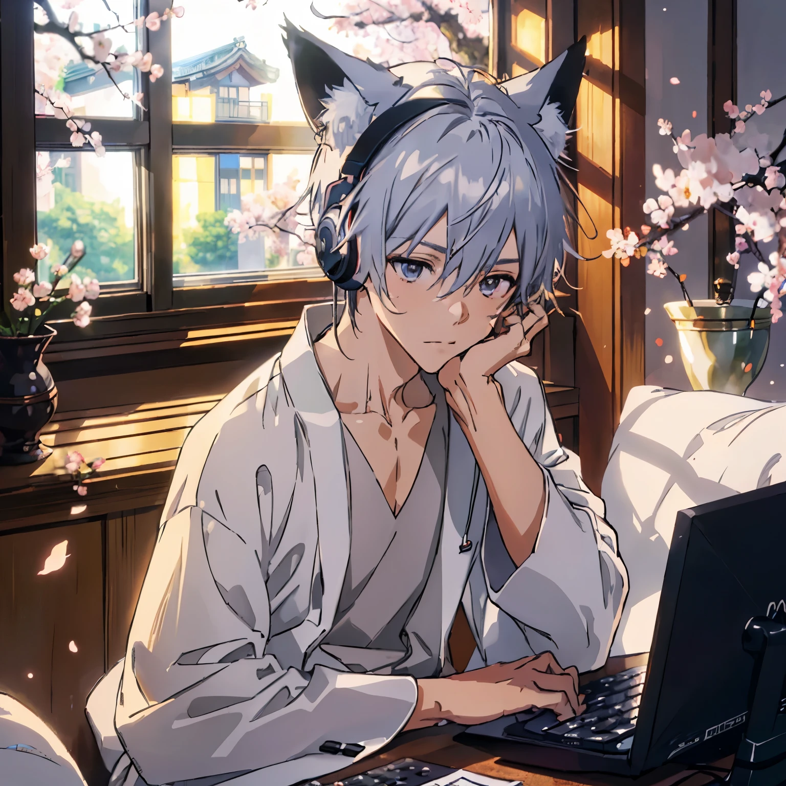 ((highest quality)), ((masterpiece)), (be familiar with),、morning、A boy studying in his room while listening to the radio with headphones、kimono、silver hair、fox tail、fox ears、warm lighting、Cherry blossoms are blooming outside the room、opening the computer、Japanese anime style