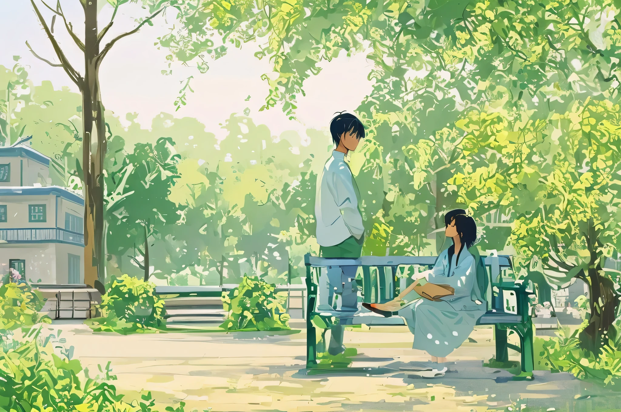 anime scene of a couple 벚꽃핀 벤치에 앉아 공원에서, 아름다운 애니메이션 장면, 공원 벤치에 앉아, sakimichan and makoto shinkai, 애니메이션 아름다운 평화 장면, 아름다운 묘사, 벤치에 앉아, makoto shinkai style, 야나가와 노부사다, 공원에서, 정원에 앉아, 벤치에 앉아