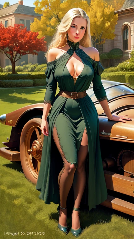 masterpiece,extremely beautiful woman,highly detailed beautiful face,big eyelahes,minimum waist,maxi slit dress, tights,straight blonde hair,excellent sense,American Comics,(((The Perfect One Woman))),(((one person))),colorful,highly detailed body,florish garden in the background 