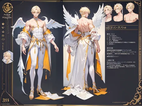 ((Masterpiece, Highest quality)), Male, boy, Detailed face, character design sheet， full bodyesbian, Full of details, frontal body view, back body view, Highly detailed, Depth, Many parts, angel wings, angel outfit, Muscle boy with blond hair，handsome man,...