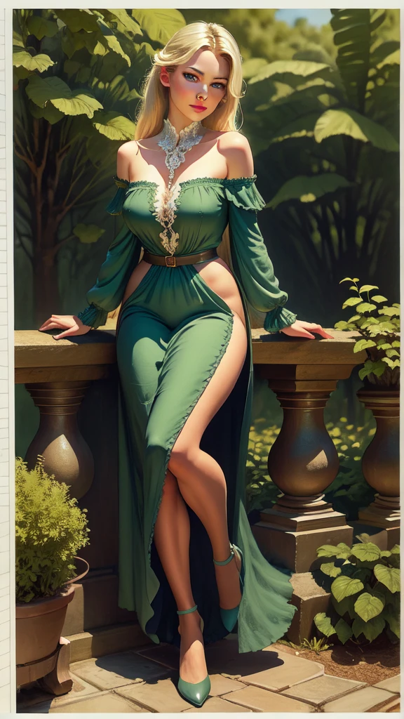 masterpiece,extremely beautiful woman,highly detailed beautiful face,big eyelahes,minimum waist,maxi slit dress, tights,straight blonde hair,excellent sense,American Comics,(((The Perfect One Woman))),(((one person))),colorful,highly detailed body,florish garden in the background 