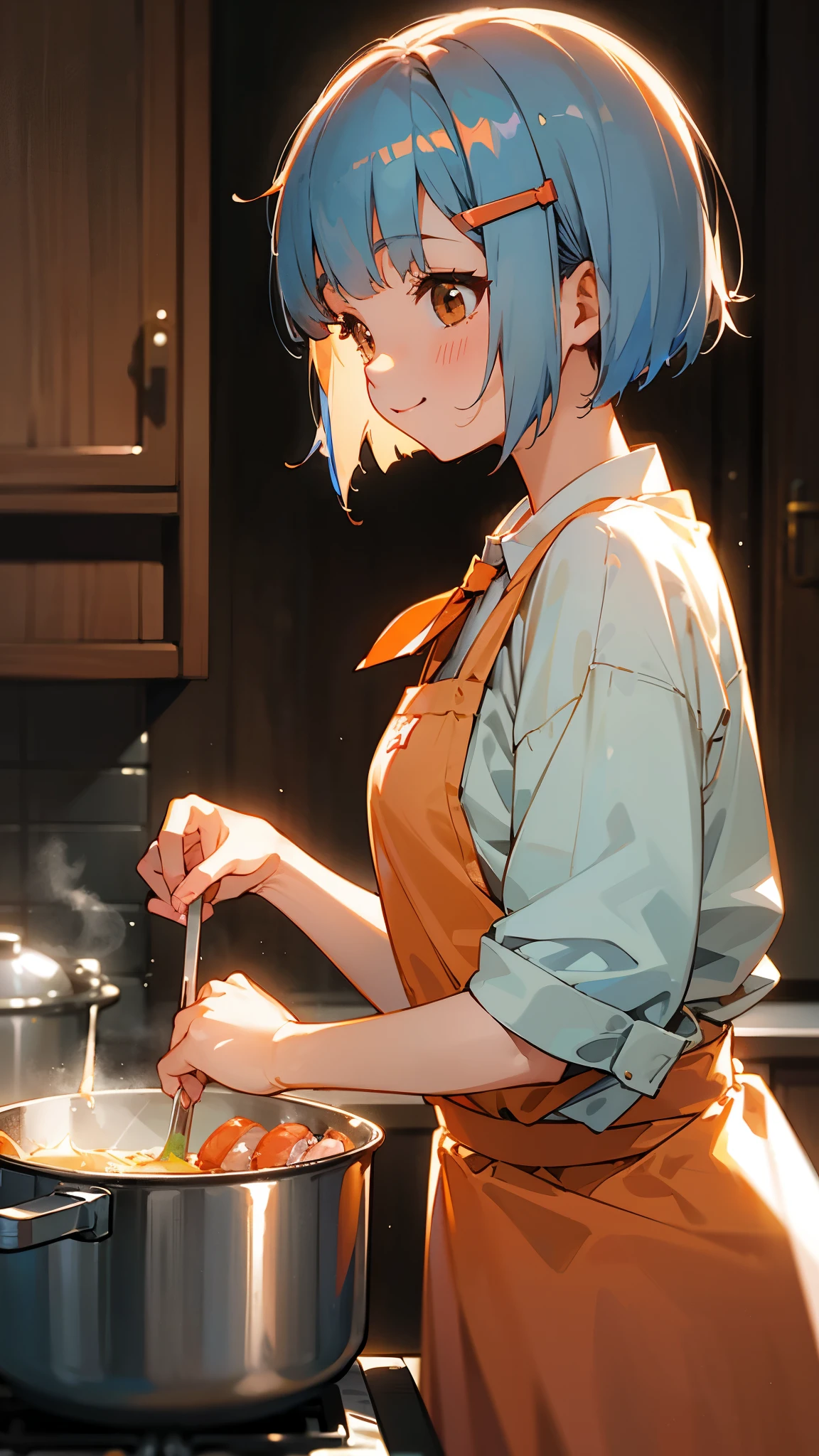 1 girl、anime picture、kitchen、Cute woman cooking delicious food、shrimp、Glossy light blue hair、short bob hairstyle、Tie your hair with an orange hair clip、Beautiful brown eyes、smile、From the side、sharp outline、background bokeh、written boundary depth
