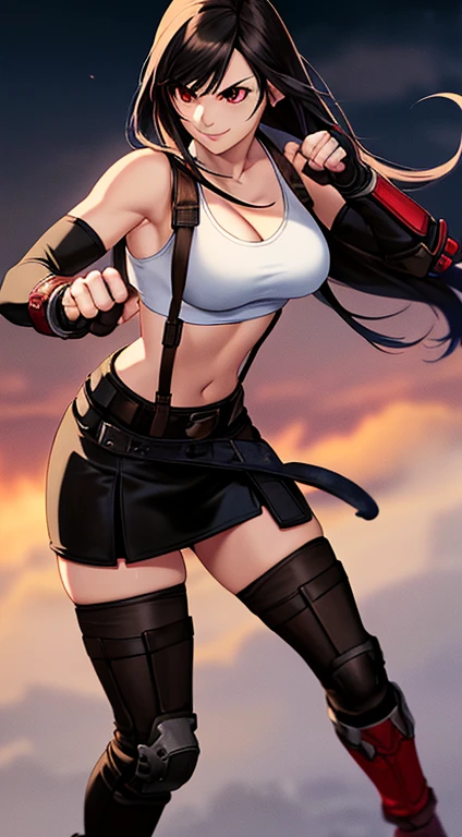 tifa lockhart, final fantasy vii, (crisis core final fantasy vii), 1girl, anime style, cell shading, beautiful detailed eyes, white crop top, cleavage, elbow pad, fingerless gloves, suspenders, black leather miniskirt, red boots, dynamic pose, red eyes, serious, smile, fighting stance, sparring, 
