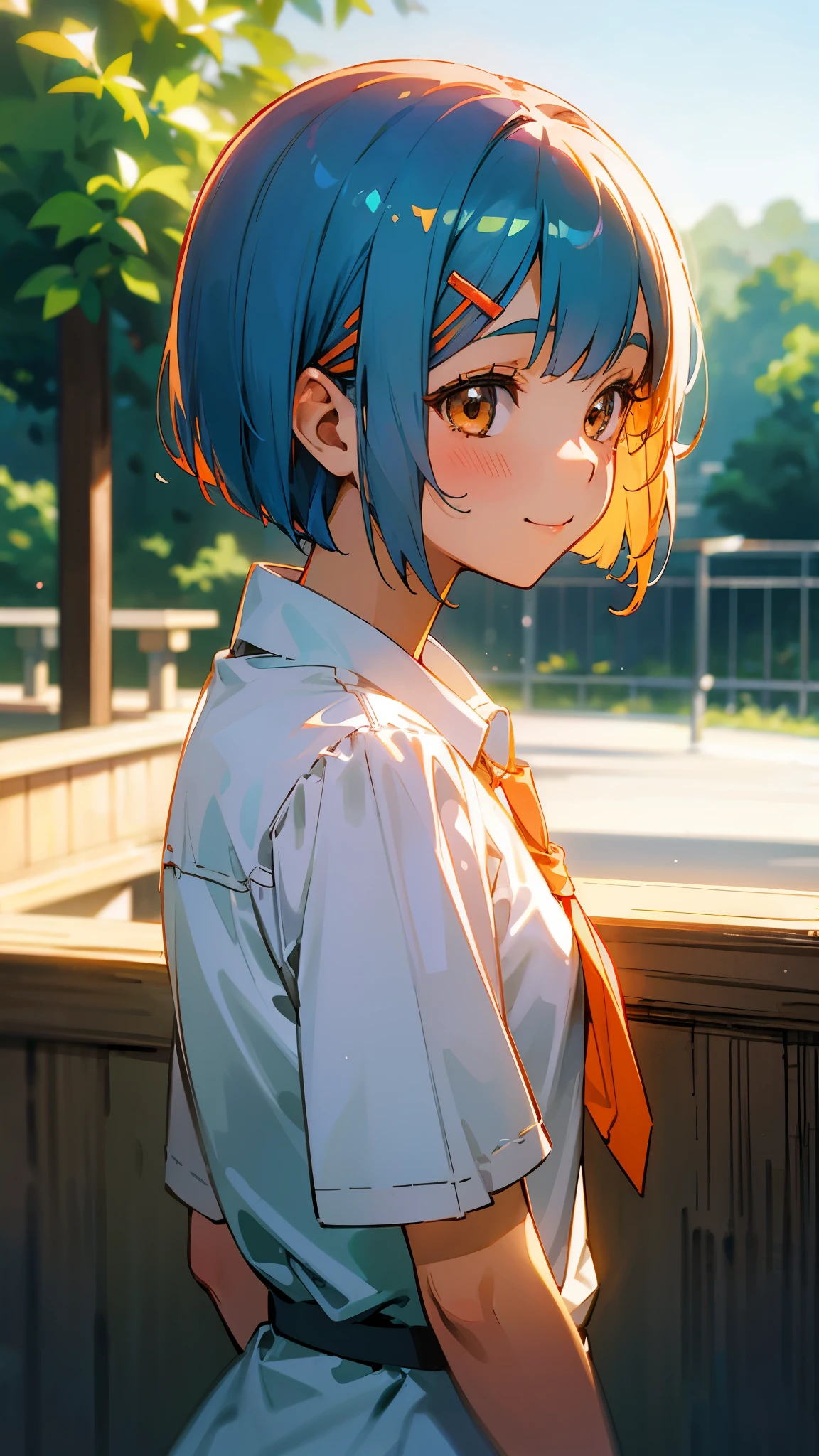 1 girl、anime picture、cute woman、shrimp、Glossy light blue hair、short bob hairstyle、Tie your hair with an orange hair clip、Beautiful brown eyes、smile、From the side、sharp outline、Morning Cafe Terrace、background bokeh、written boundary depth