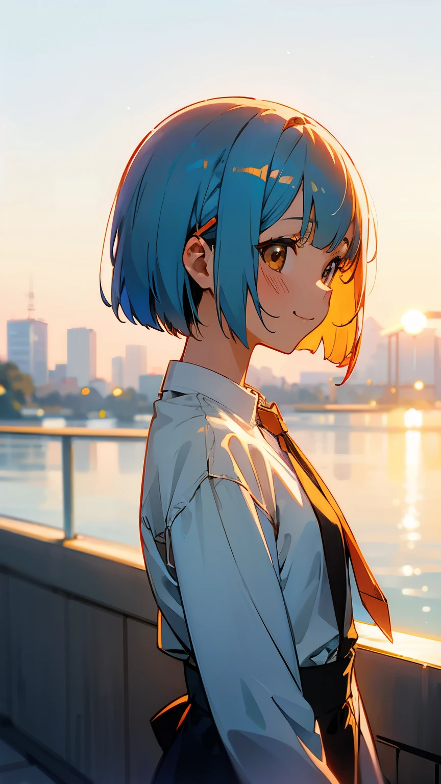 1 girl、anime picture、cute woman、shrimp、Glossy light blue hair、short bob hairstyle、Tie your hair with an orange hair clip、Beautiful brown eyes、smile、From the side、sharp outline、Morning Cafe Terrace、background bokeh、written boundary depth