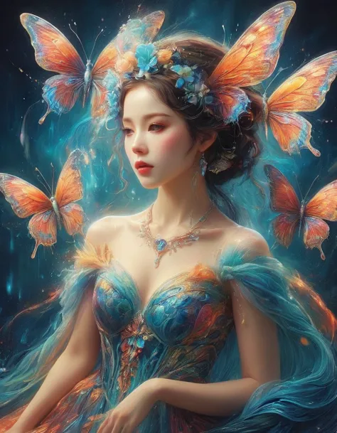 Create a surreal portrait of a woman with butterfly wings, Her presentation should be dreamlike and ethereal, with the vibrant, ...