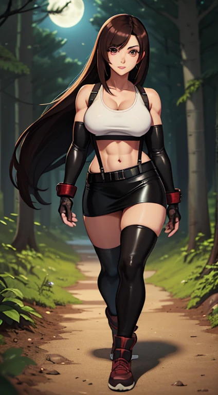 obra de arte, melhor qualidade, Tifa Lockhart, Final Fantasy VII, 1 garota, estilo anime, sombreamento celular, cabelo preto comprido, íris marrom-avermelhadas, seios médios, cintura pequena, Figura perfeita, físico atlético, Altamente detalhado, Olhos expressivos, Rosto Perfeito, top branco, decote, cotoveleira, luvas sem dedos, suspensórios, minissaia de couro preta, Olhando para o visualizador, andando, Foto frontal, (fundo: ao ar livre, na floresta, noite, luz da lua iluminando o chão da floresta)
